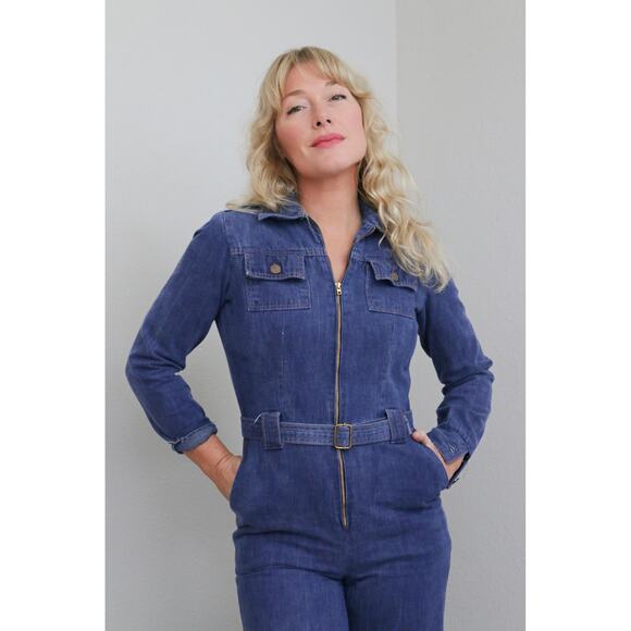 1970's Vintage Zip Up Denim Jumpsuit ~ Women's XS SM ~ Zip Up Front Wide Leg - Picture 7 of 10